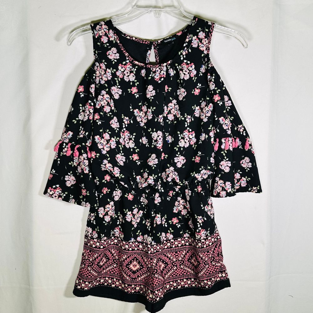 Takara Black Pink Girls Floral‎ Romper Cold Shoulder Spring Summer Kids L